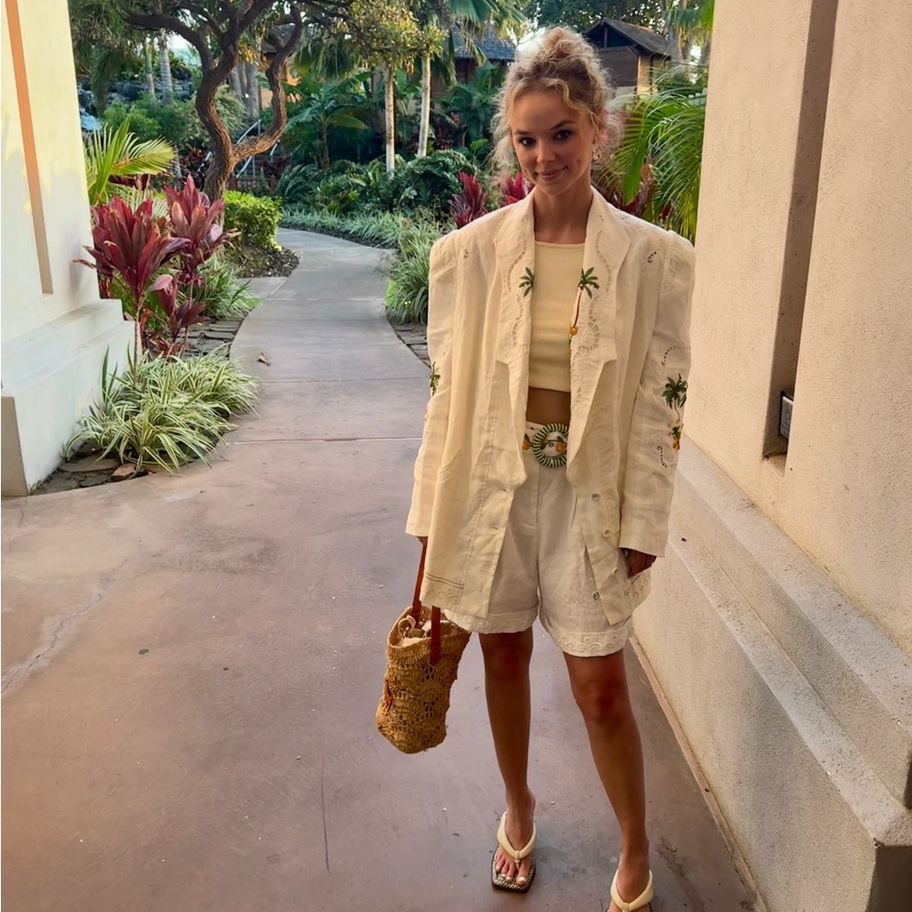 FARM Rio Cream Linen Set with Tropical Embroidery